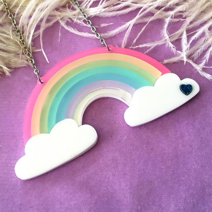 Pastel Frosted Rainbow Acrylic Statement Necklace With Clouds Quirks!