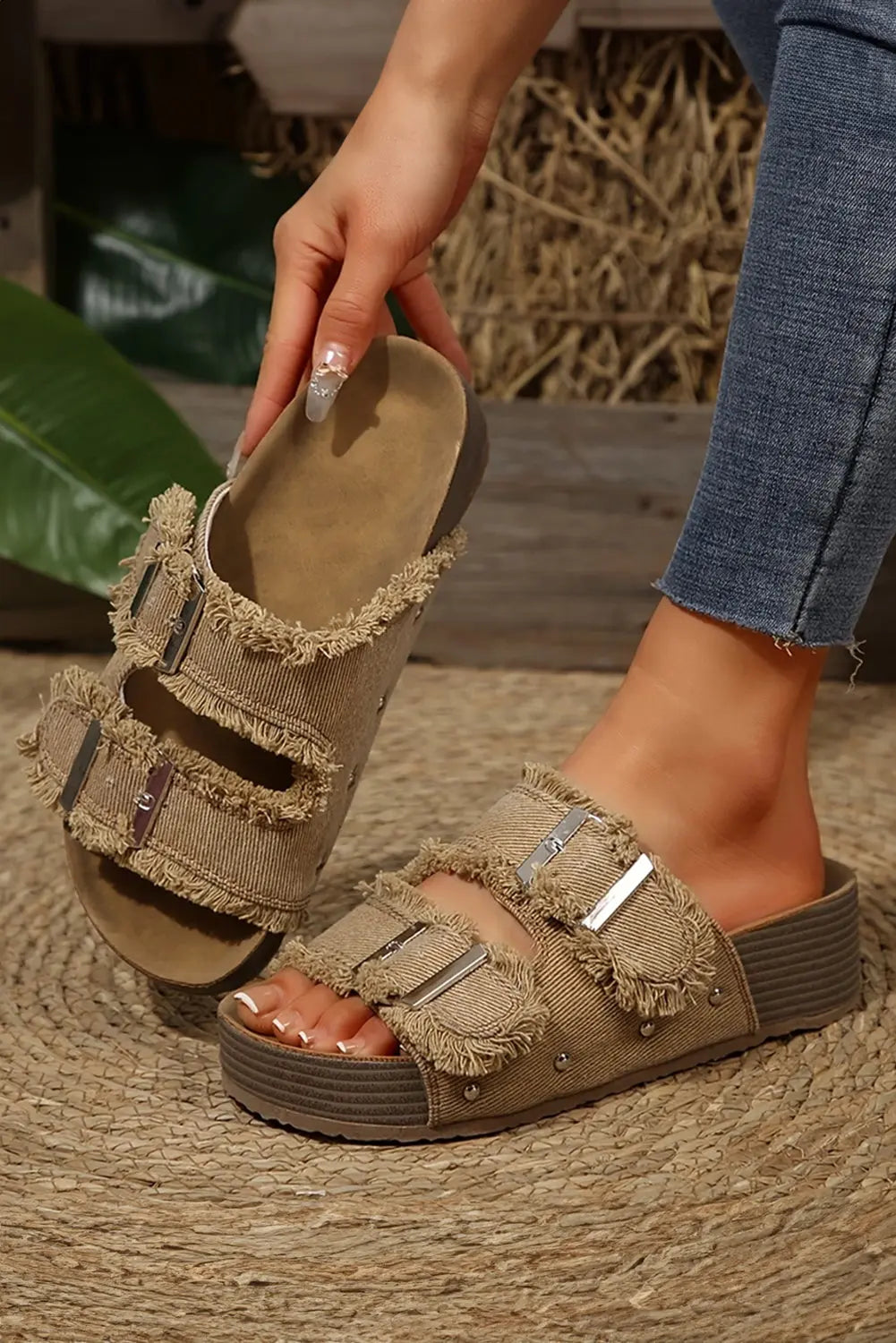 Pale Khaki Double Buckle Straps Frayed Retro Slippers Shewin