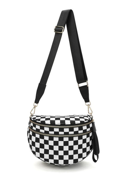 Blackish Green Checkered Print Wide Strap Large Crossbody Bag Shewin