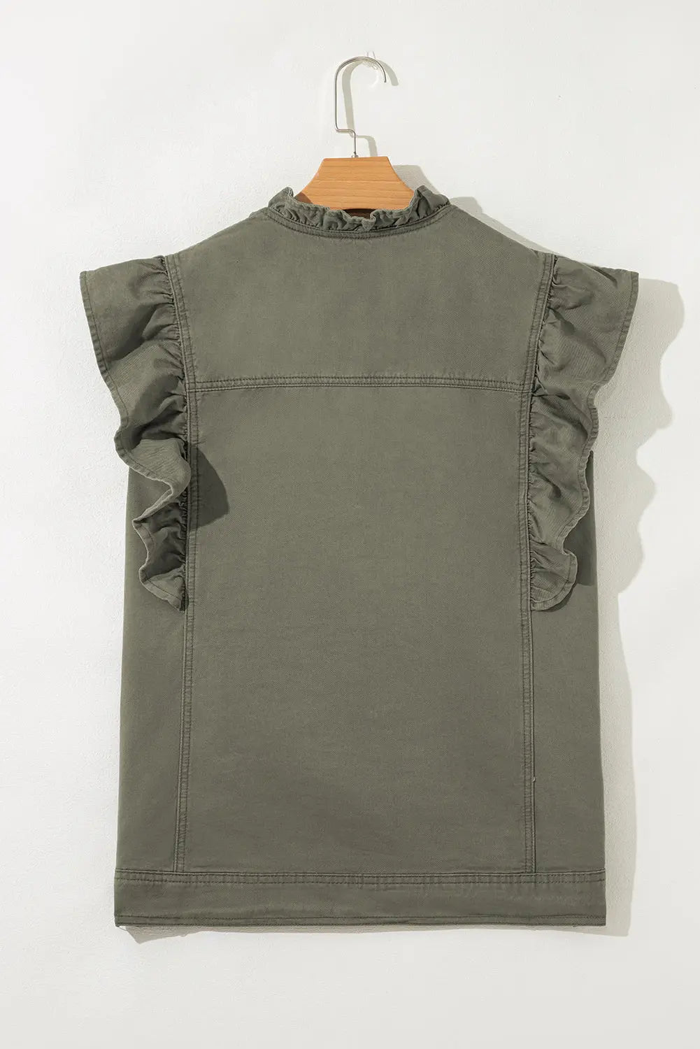 Green Bay Ruffle Plain Denim Jacket Vest Shewin