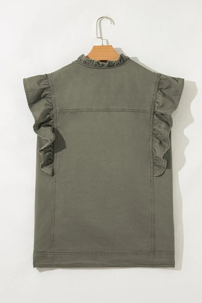 Green Bay Ruffle Plain Denim Jacket Vest Shewin