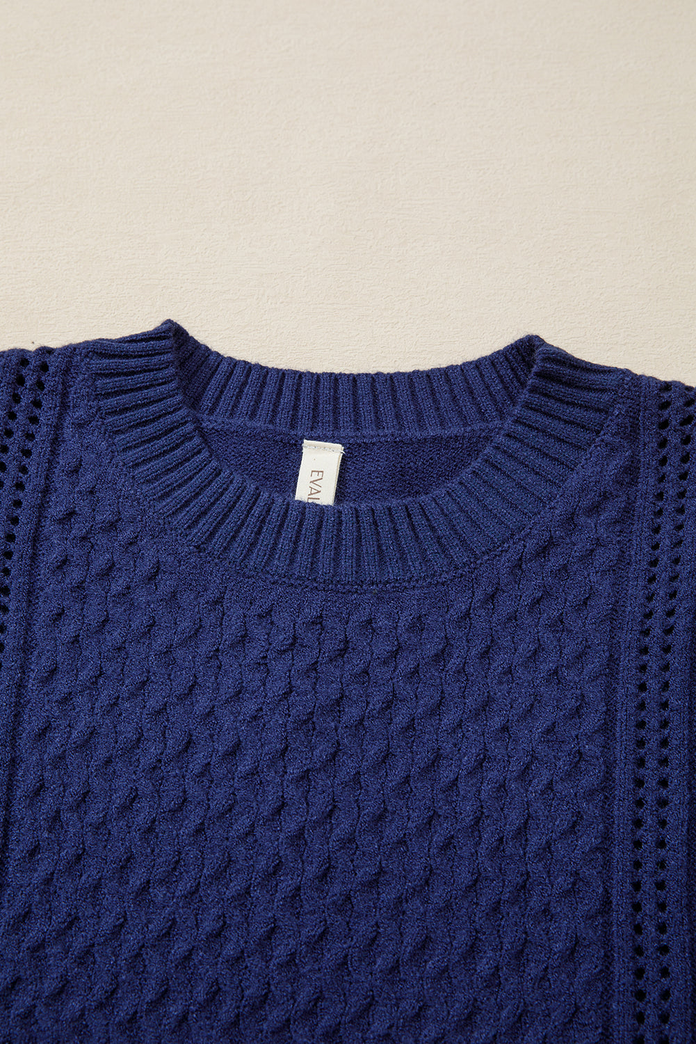 Navy Blue Mix Texture Knit Eyelet Detail Casual Sweater
