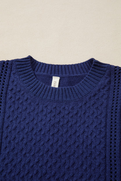 Navy Blue Mix Texture Knit Eyelet Detail Casual Sweater