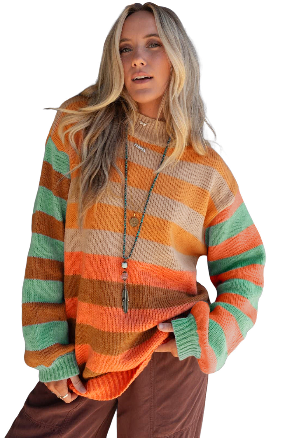 Orange Striped Colorblock High Neck Drop Shoulder Cozy Sweater Shewin