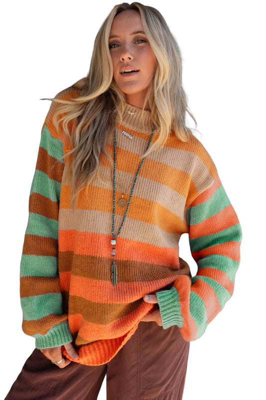 Orange Striped Colorblock High Neck Drop Shoulder Cozy Sweater Shewin