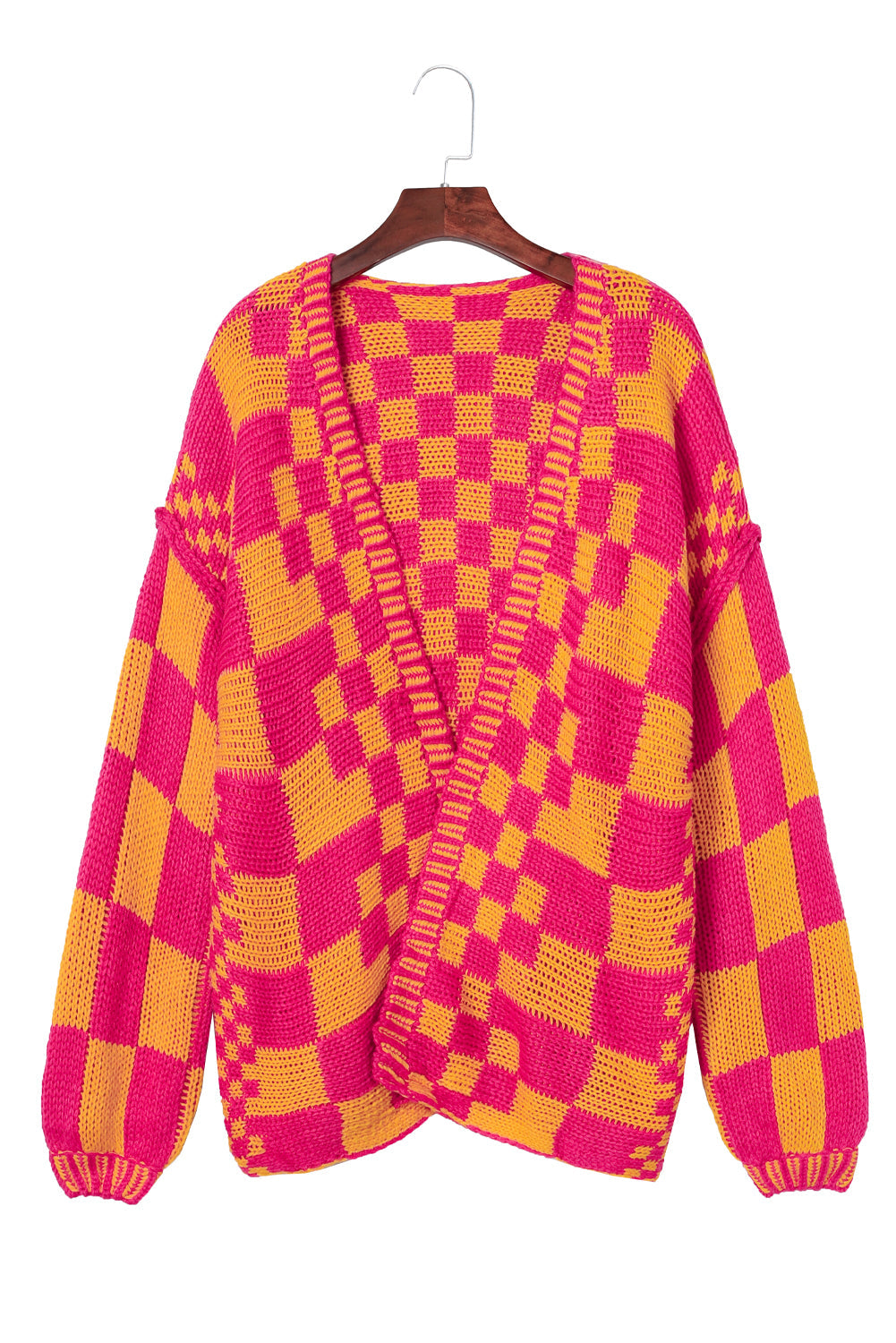 Dark Brown Colorblock Checked Loose Fit Open Front Knitted Cardigan Shewin