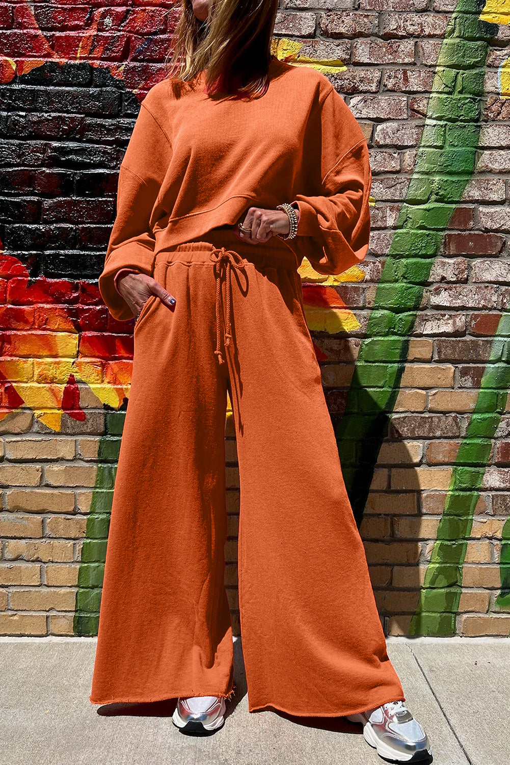 Flamingo Drop Shoulder Crop Pullover Drawstring Wide Leg Pants Set Shewin