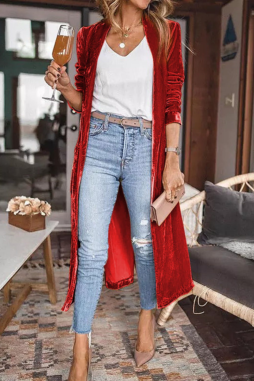 Red Velvet Elegant Open Front Pocket Long Cardigan Shewin