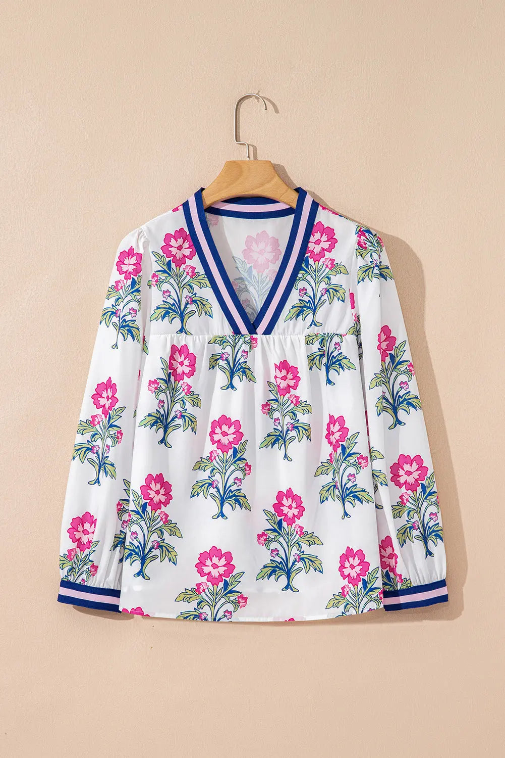 White Floral Print Pop of Color V-neck Long Sleeve Blouse Shewin