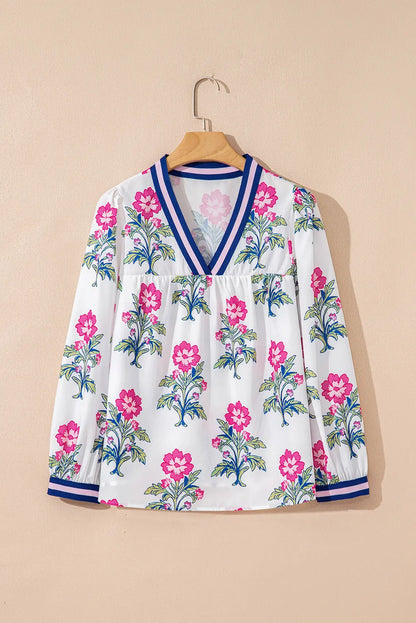White Floral Print Pop of Color V-neck Long Sleeve Blouse Shewin
