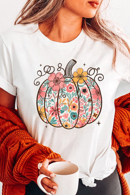 White Floral Pumpkin Print Cotton Blend T Shirt Shewin