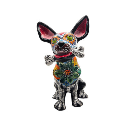Talavera Chihuahua Holding Bone | Day of the Dead Dog Figurine