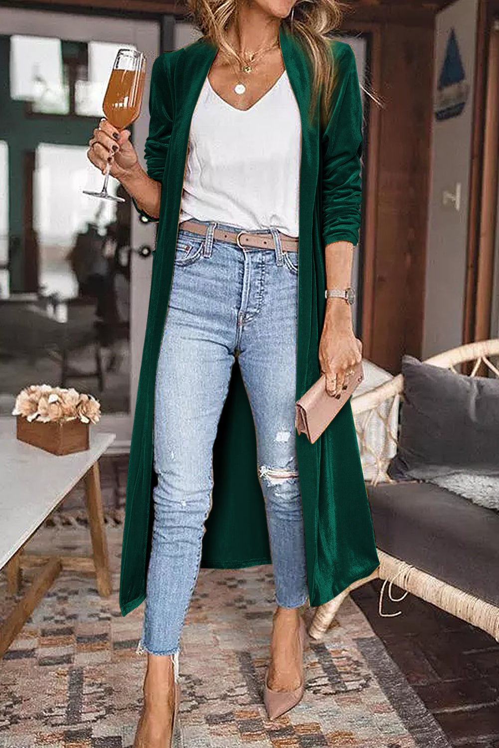 Red Velvet Elegant Open Front Pocket Long Cardigan Shewin