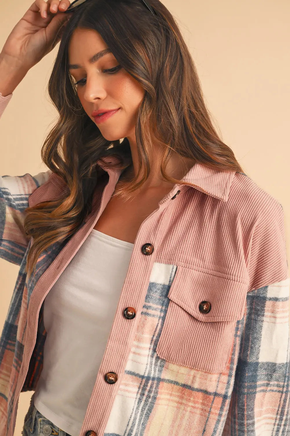 Cinnamon Plaid Corduroy Patchwork Pocket Loose Shacket Shewin