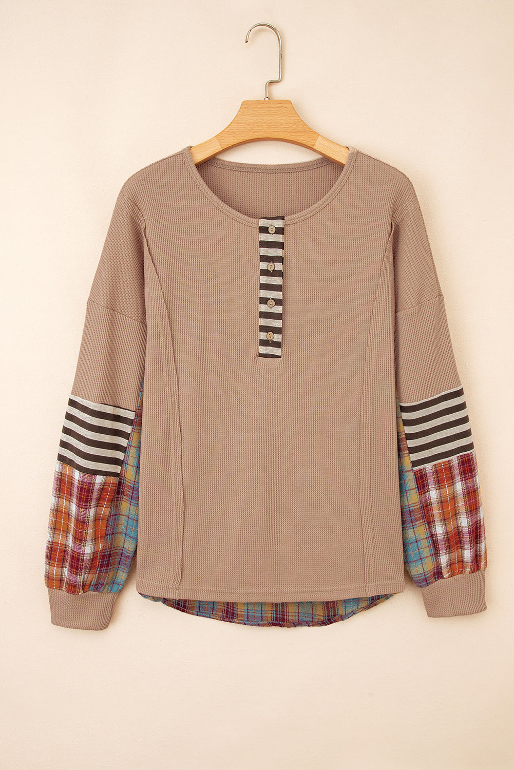 Straw Yellow Waffle Stripe Plaid Patchwork Henley Top Shewin