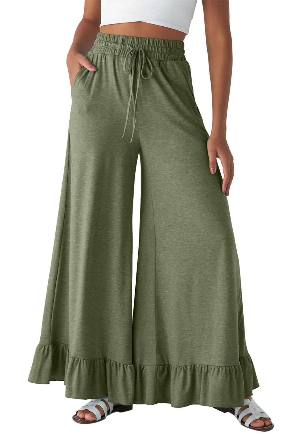 Dune Solid Color Ruffle Hem Wide Leg Pants Shewin
