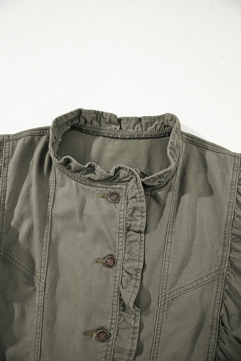 Green Bay Ruffle Plain Denim Jacket Vest Shewin