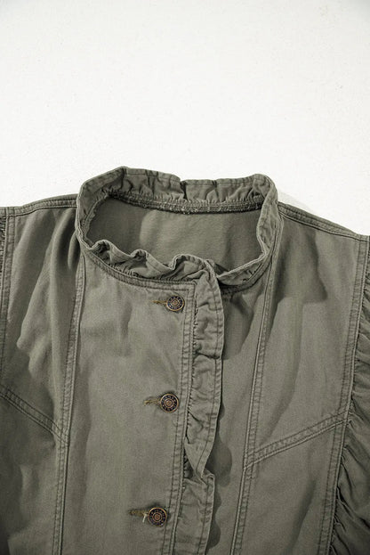 Green Bay Ruffle Plain Denim Jacket Vest Shewin