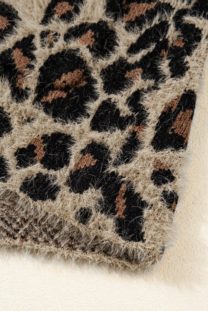 Brown Leopard Open Front Fuzzy Cardigan Shewin
