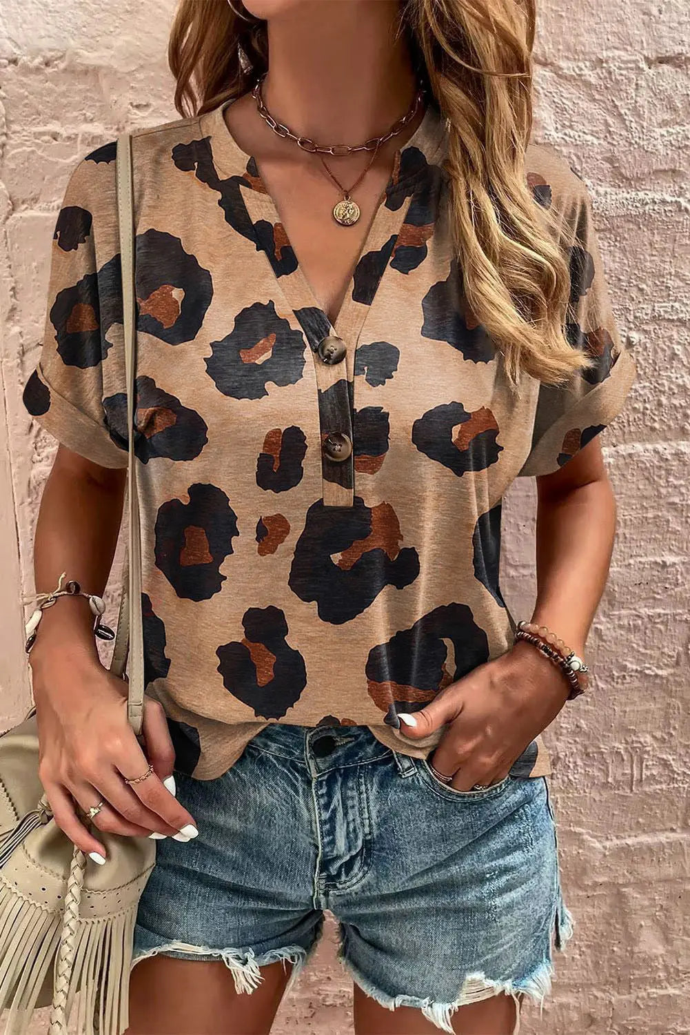 Light Beige Leopard Print Button V Neck T Shirt Shewin