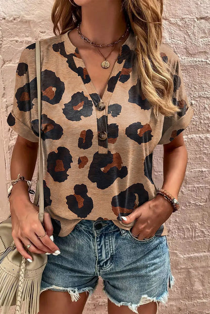Light Beige Leopard Print Button V Neck T Shirt Shewin