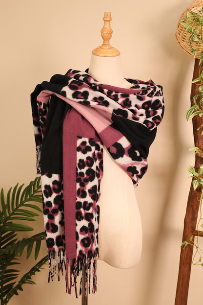 Rose Red Leopard Color Block Print Tassel Trim Terylene Scarf