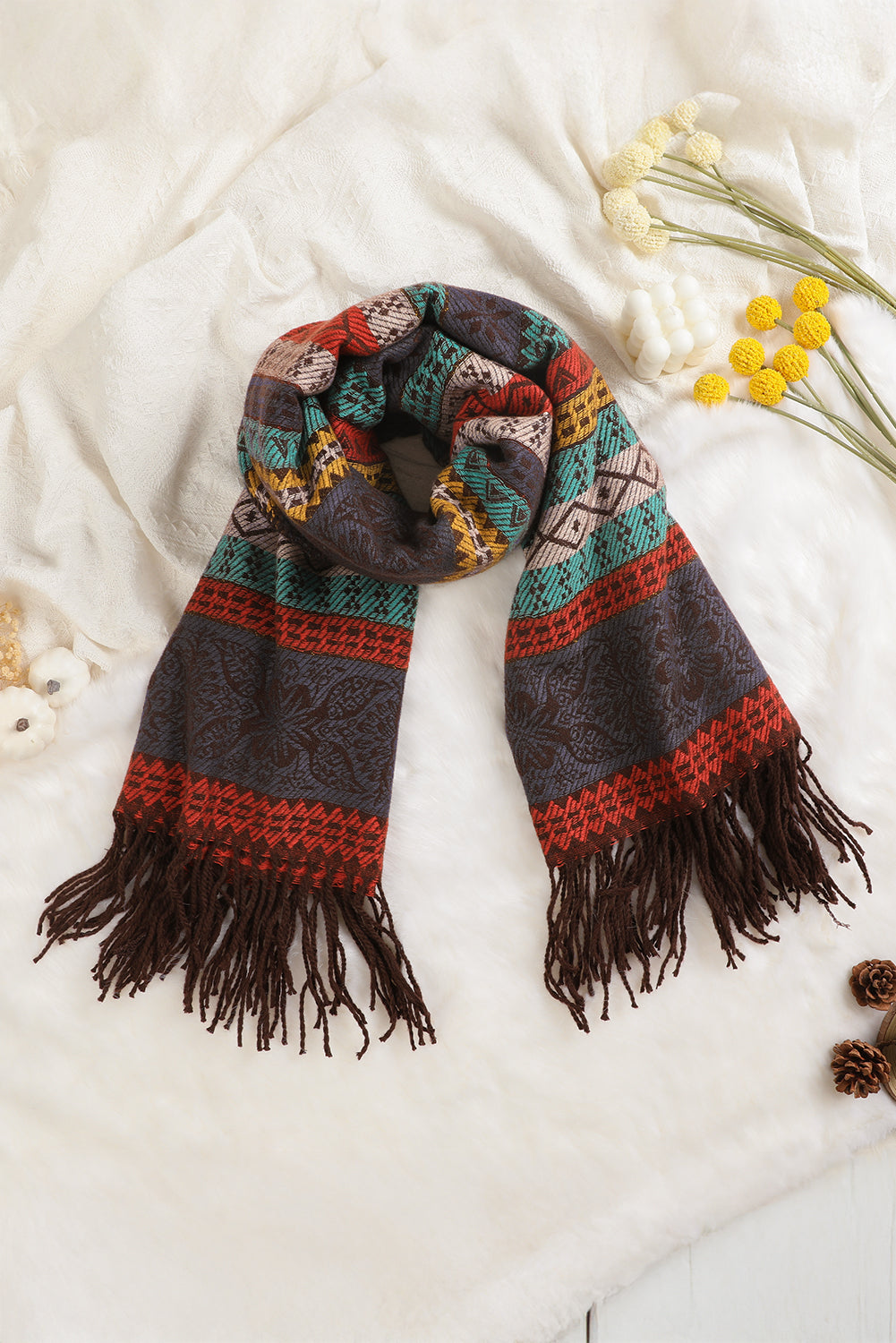 Light Blue Ethnic Print Tassel Trim Shawl Scarf Shewin