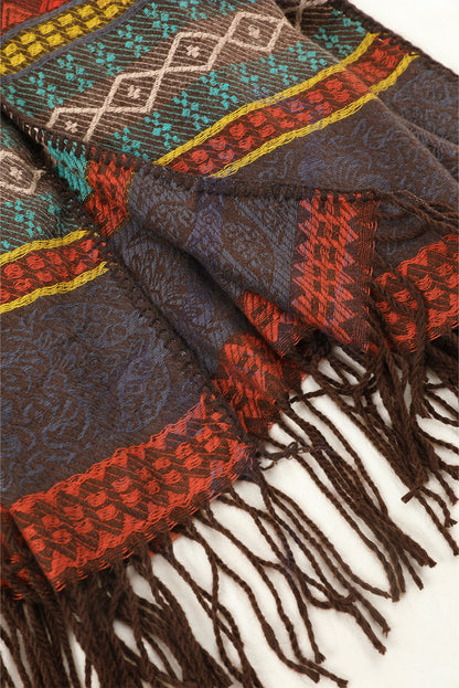 Light Blue Ethnic Print Tassel Trim Shawl Scarf Shewin