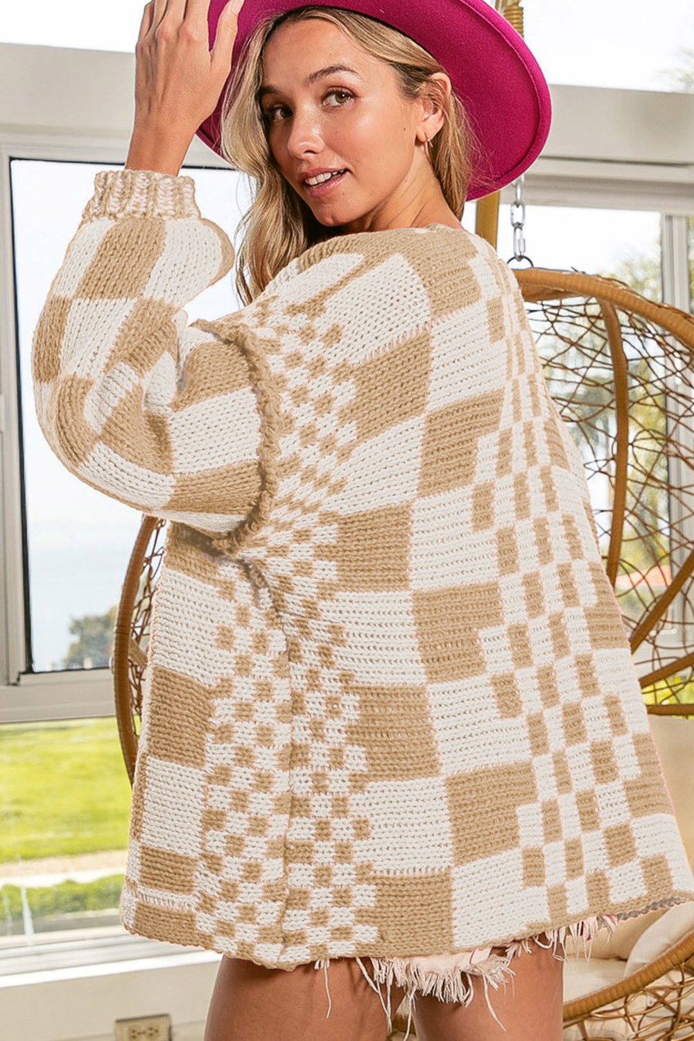 Dark Brown Colorblock Checked Loose Fit Open Front Knitted Cardigan Shewin