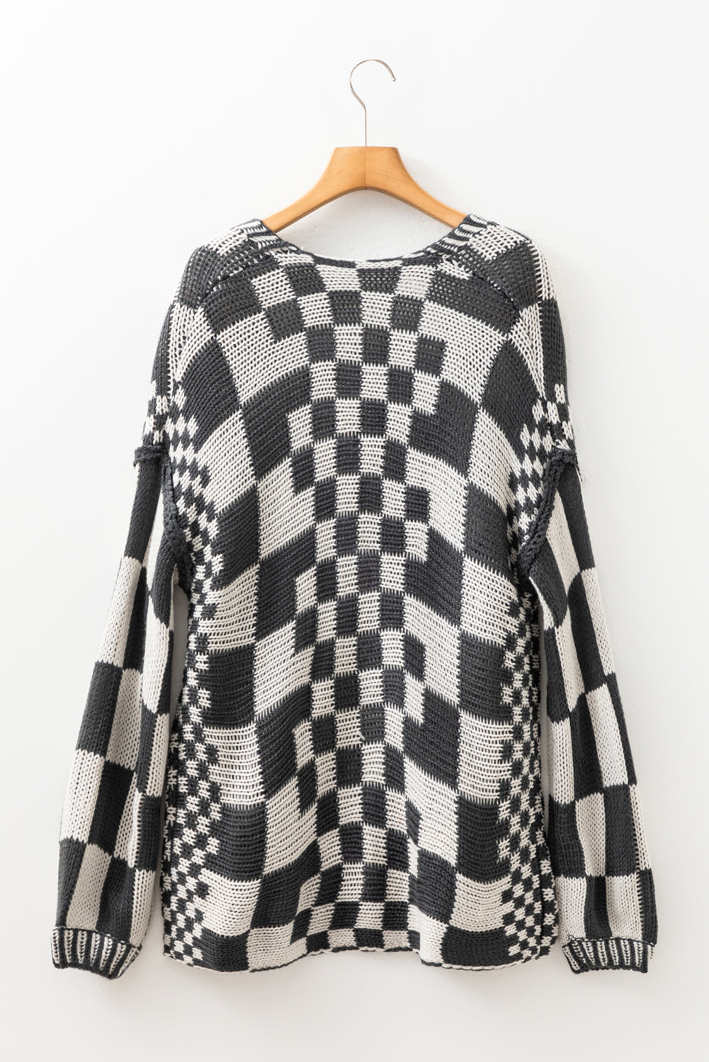 Dark Brown Colorblock Checked Loose Fit Open Front Knitted Cardigan Shewin