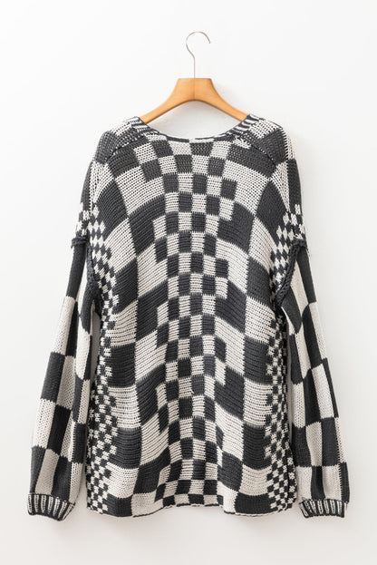 Dark Brown Colorblock Checked Loose Fit Open Front Knitted Cardigan Shewin