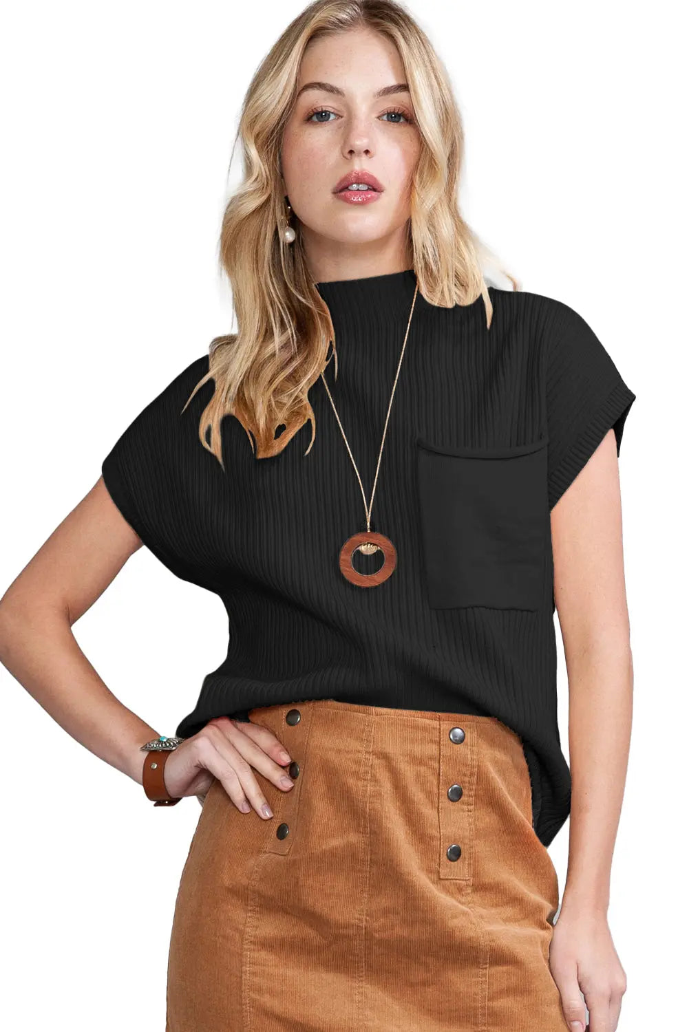 Gold Flame Patch Pocket Ribbed Knit Short Sleeve Sweater Shewin