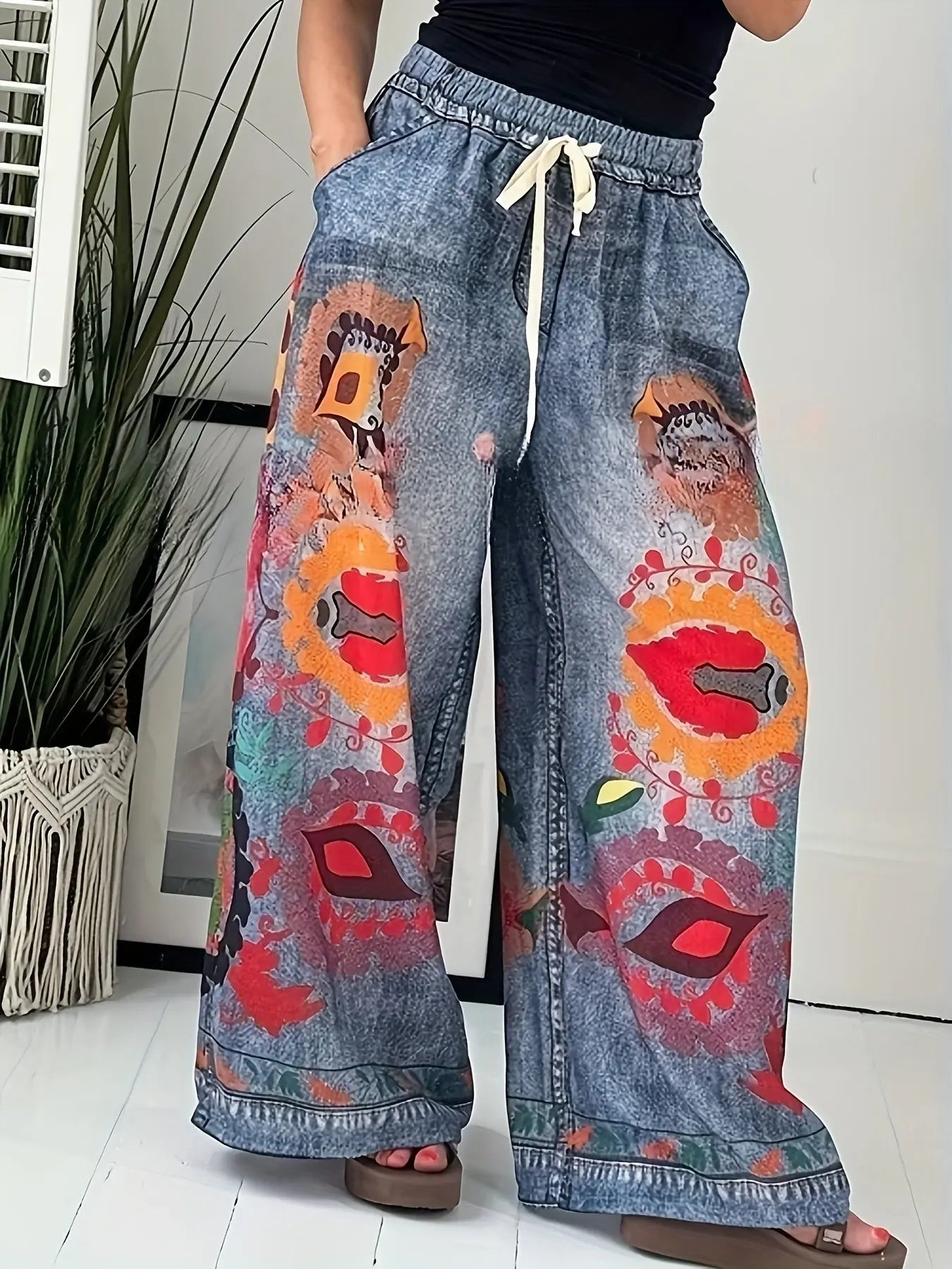 Vibrant Faux Denim Wide-Leg Pants - Bold Floral-like Graffiti Print DSers