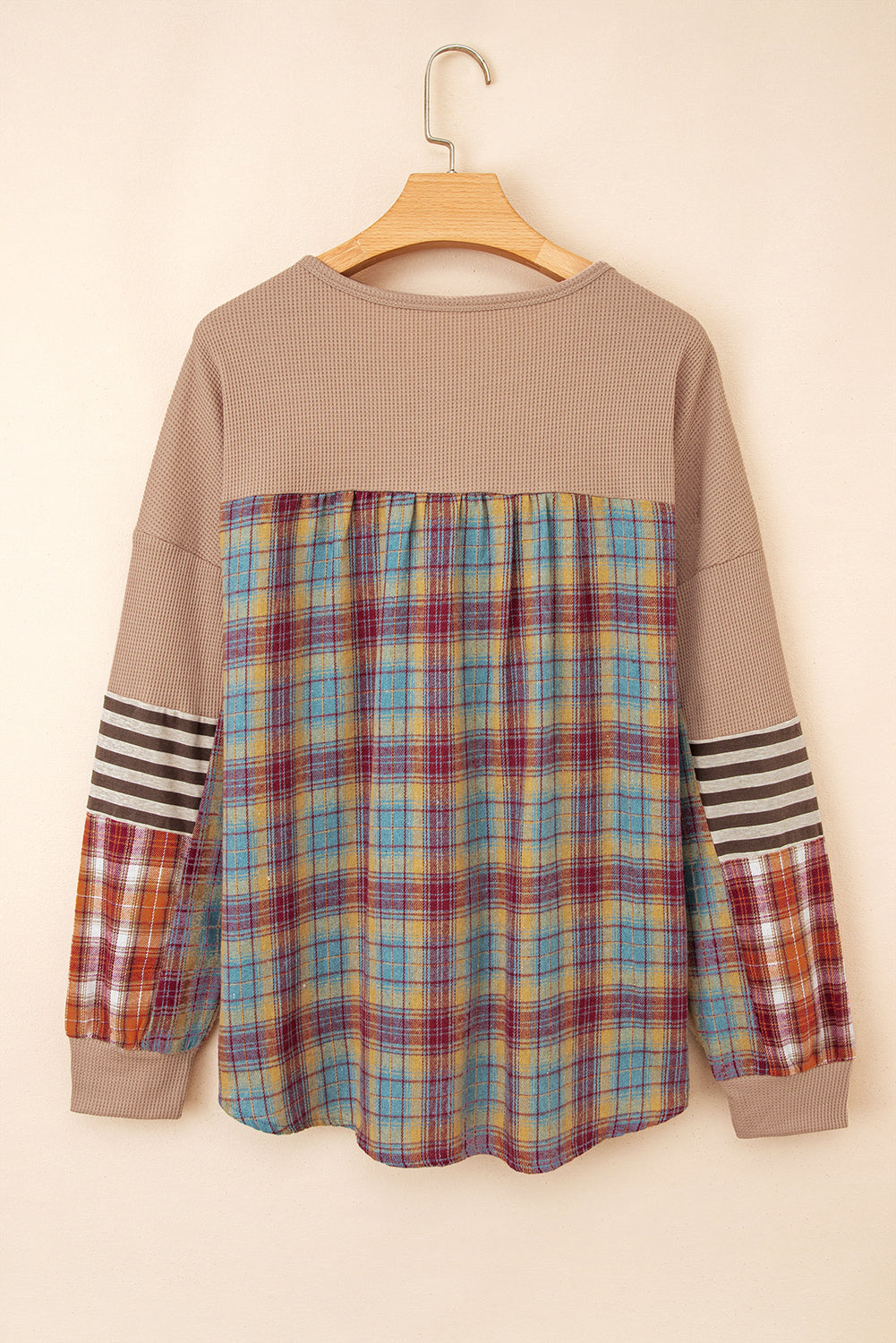 Straw Yellow Waffle Stripe Plaid Patchwork Henley Top Shewin