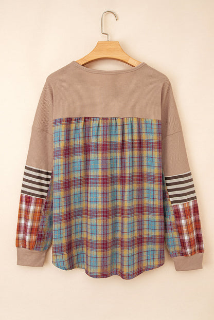 Straw Yellow Waffle Stripe Plaid Patchwork Henley Top Shewin