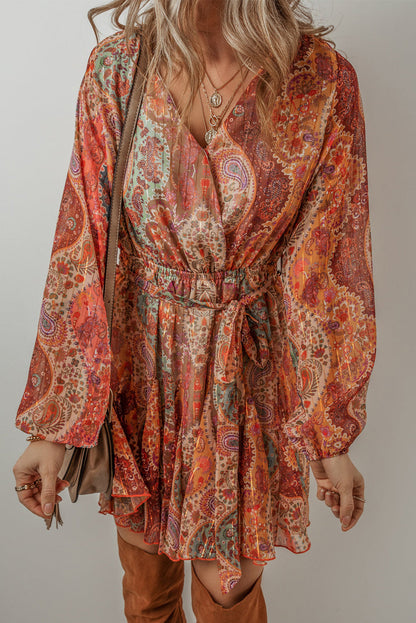 Orange Boho Paisley Print Long Sleeve Pleated Belted Mini Dress Shewin