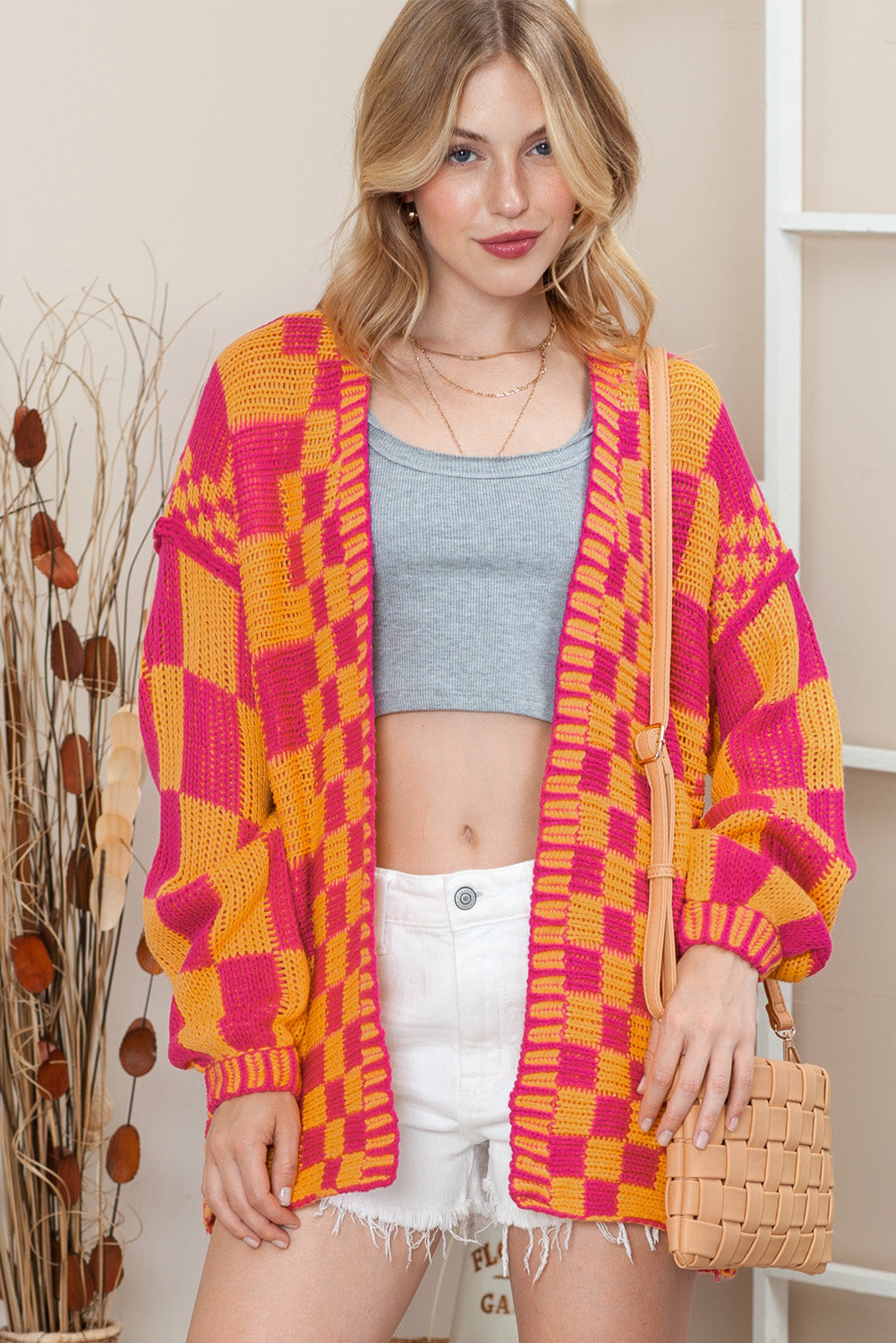 Dark Brown Colorblock Checked Loose Fit Open Front Knitted Cardigan Shewin