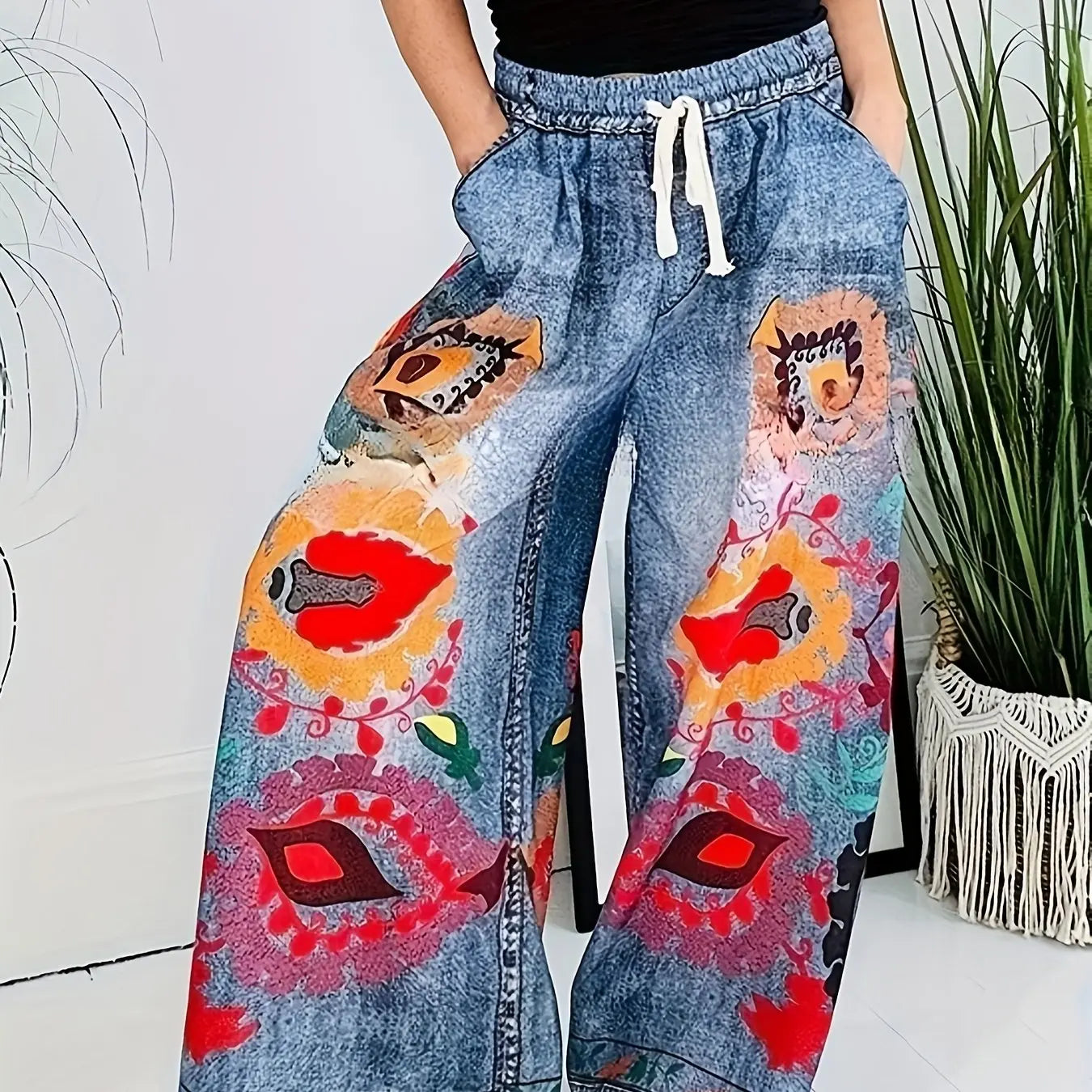 Vibrant Faux Denim Wide-Leg Pants - Bold Floral-like Graffiti Print DSers