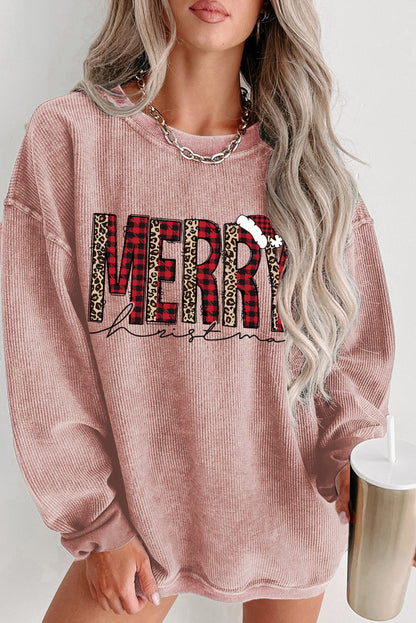 Pink MERRY Christmas Plaid Leopard Heat Transfer Printing Corded Sweatshirt