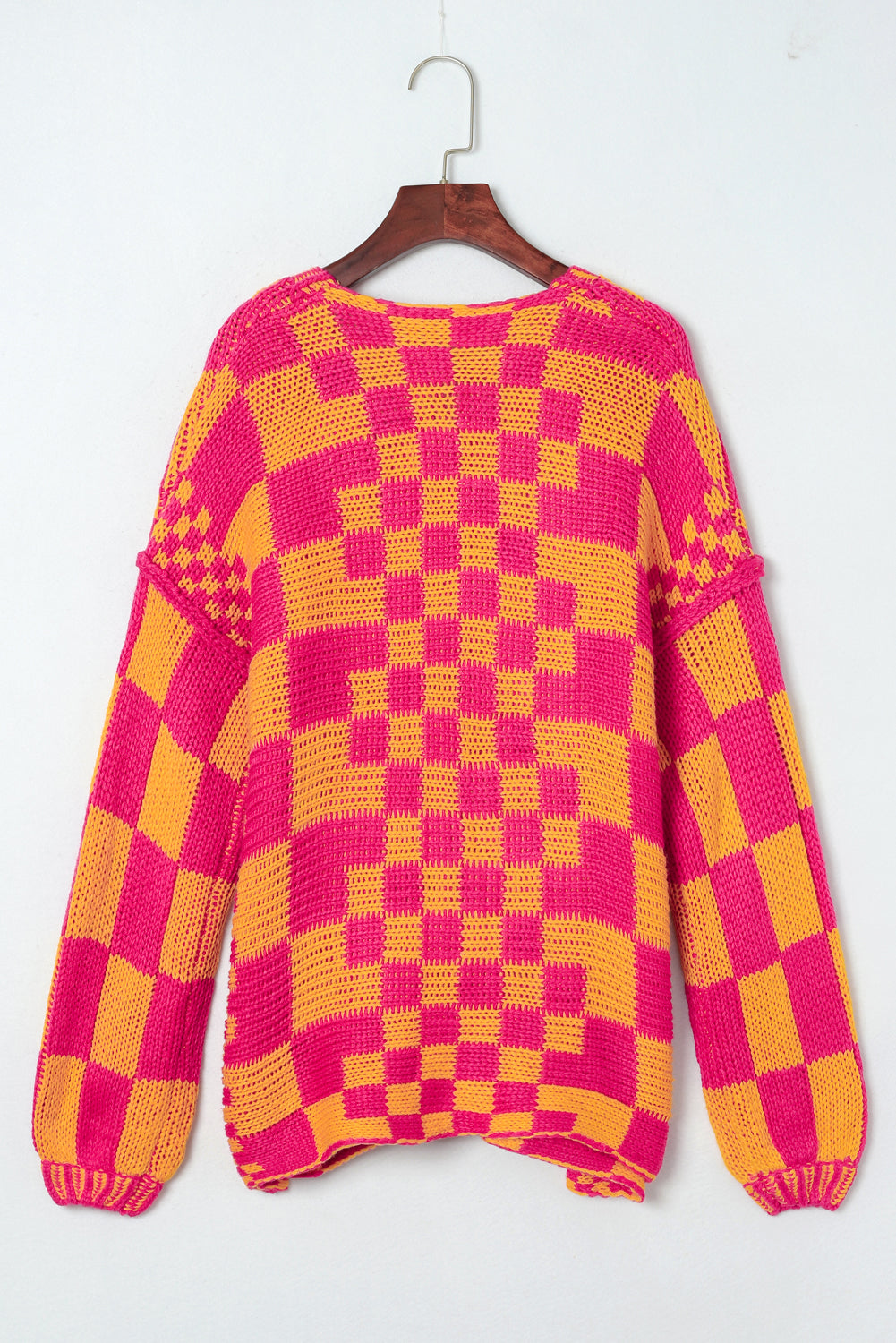 Dark Brown Colorblock Checked Loose Fit Open Front Knitted Cardigan Shewin