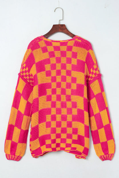 Dark Brown Colorblock Checked Loose Fit Open Front Knitted Cardigan Shewin