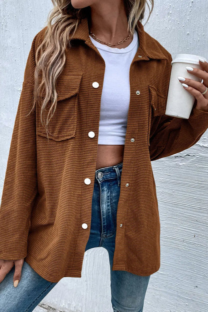 Brown Textured Flap Pocket Drop Shoulder Shacket Shewin