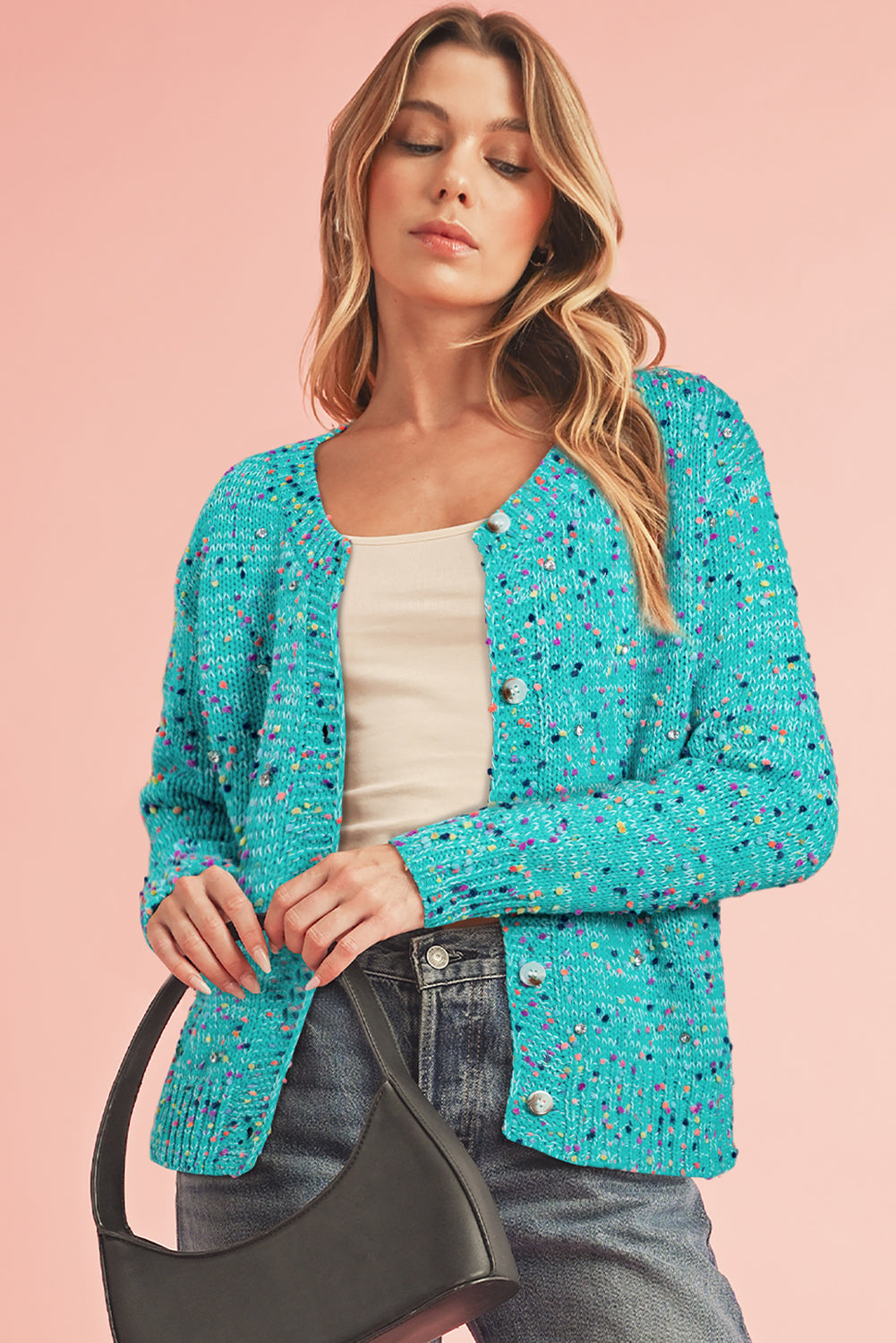 Aruba Blue Confetti Knit Button Cardigan Shewin