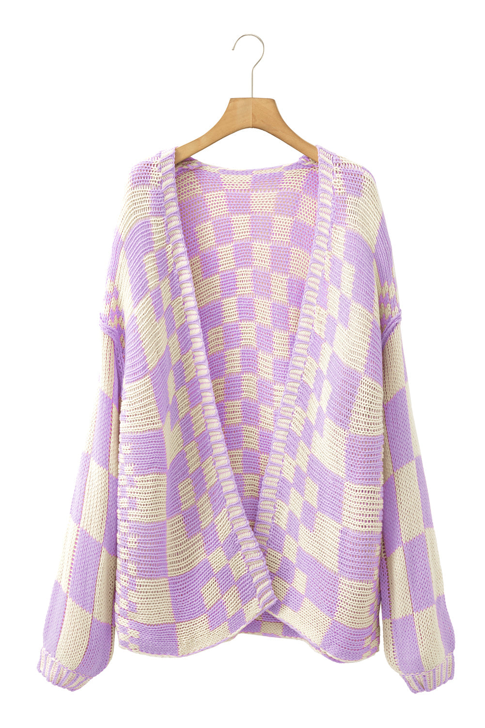 Dark Brown Colorblock Checked Loose Fit Open Front Knitted Cardigan Shewin