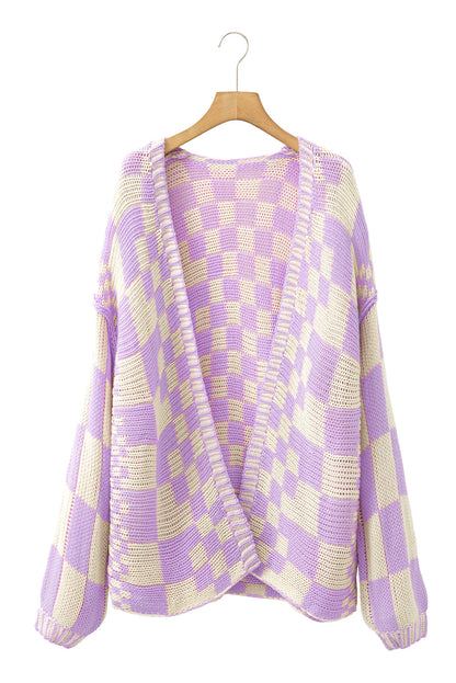 Dark Brown Colorblock Checked Loose Fit Open Front Knitted Cardigan Shewin