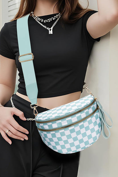 Blackish Green Checkered Print Wide Strap Large Crossbody Bag Shewin