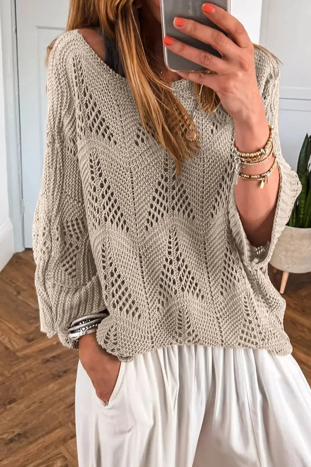 Navy Blue Hollow Out Knit 3/4 Sleeve Loose Sweater Shewin