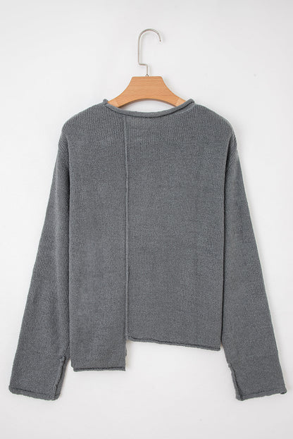 Medium Grey Raw Edge Uneven Hem Patchwork Drop Shoulder Sweater Shewin