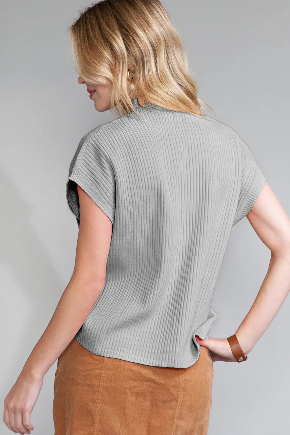 Gold Flame Patch Pocket Ribbed Knit Short Sleeve Sweater Shewin