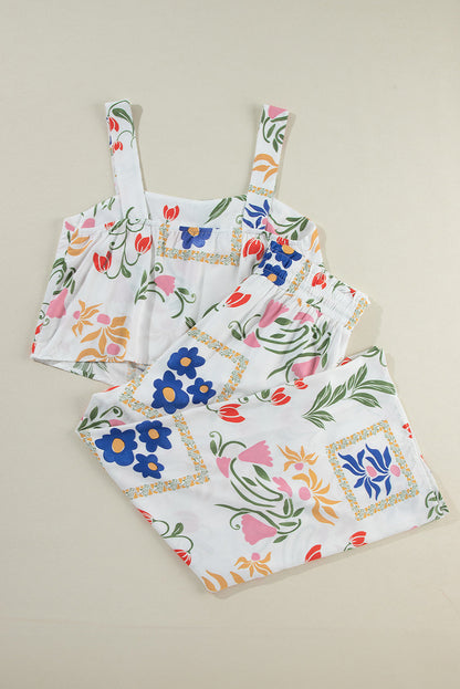 White Square Neck Tank & Wide Leg Pants Boho Floral Set Shewin